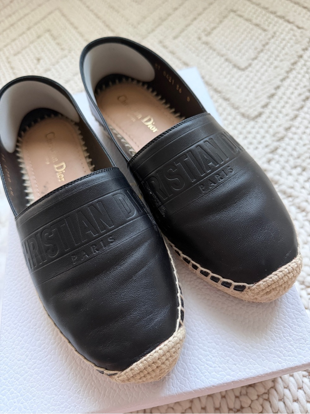 Dior Black Leather Espadrille Loafers with Natural Jute Trim - Picture 2 of 9